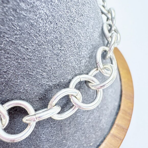 Sterling SIlver 925 Round Link Chain Bracelet Heart Tag Toggle Clasp 7.5" Length - Picture 3 of 10